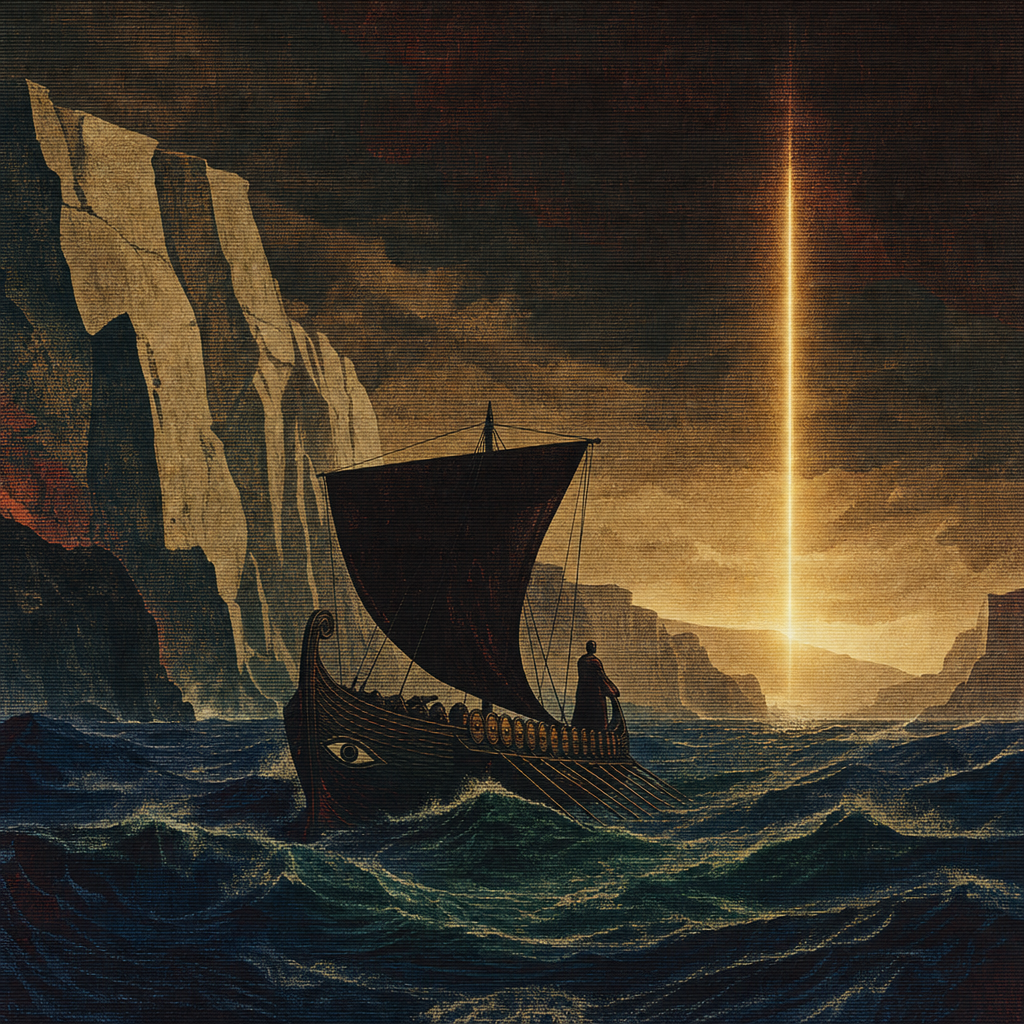 Monumental plate of The Odyssey: Odysseus navigating the wine-dark sea in Cezanne post-impressionist style